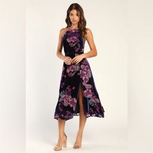 Elegant Floral Midi Dress in Purple and Black